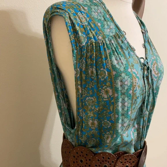 FREE PEOPLE Blue Boho Floral Print Crinkle Maxi Dress Teal Hanalei Bay - Picture 9 of 16